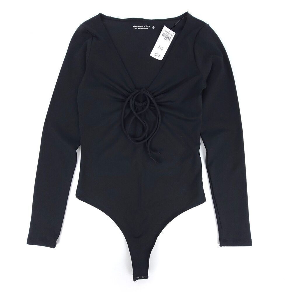 NWT Abercrombie Soft A&F 90's Long Sleeve Tie Front Cutout Bodysuit Black Small